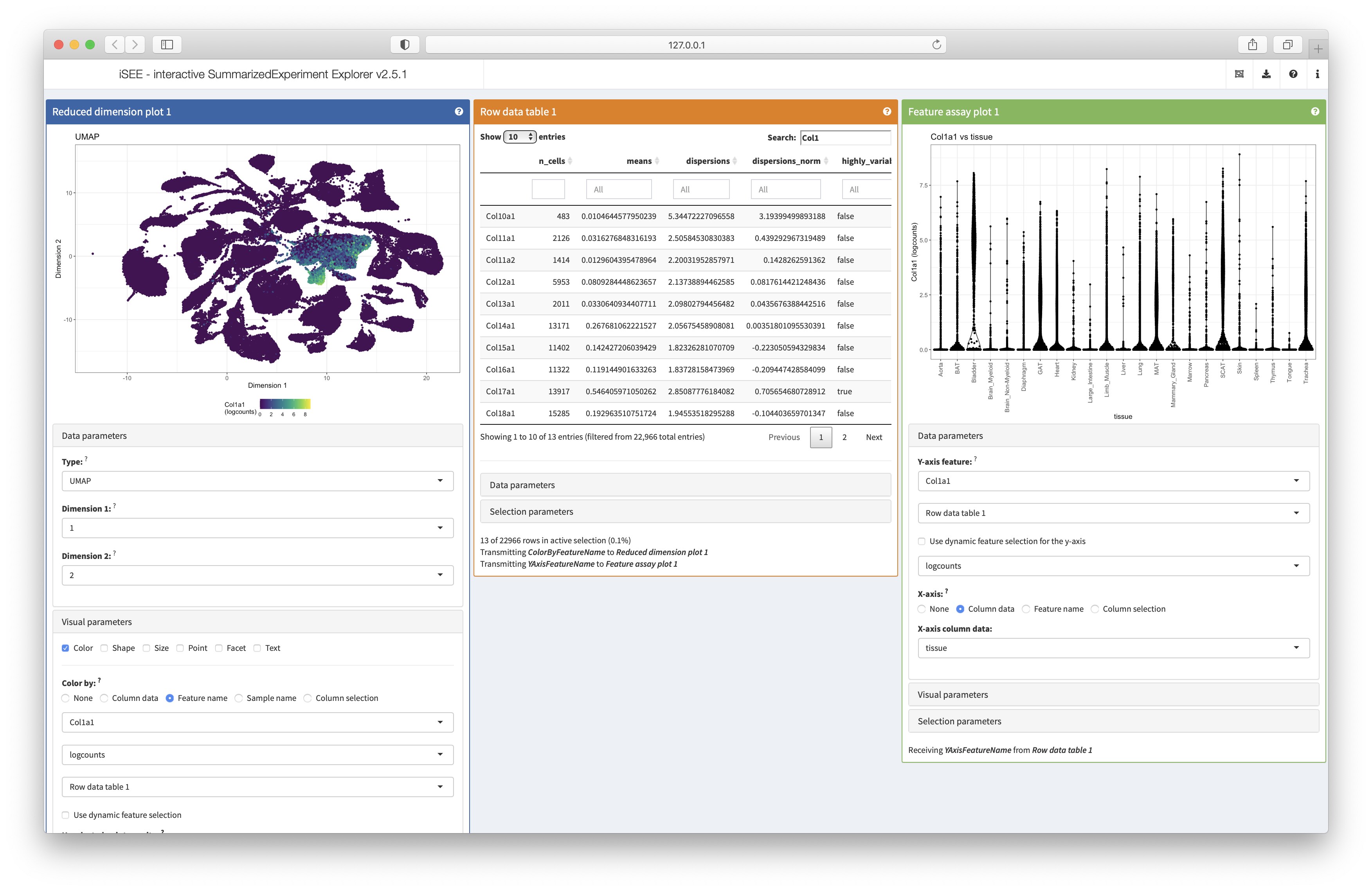 Screenshot of the iSEE app running on the FACS single cell dataset