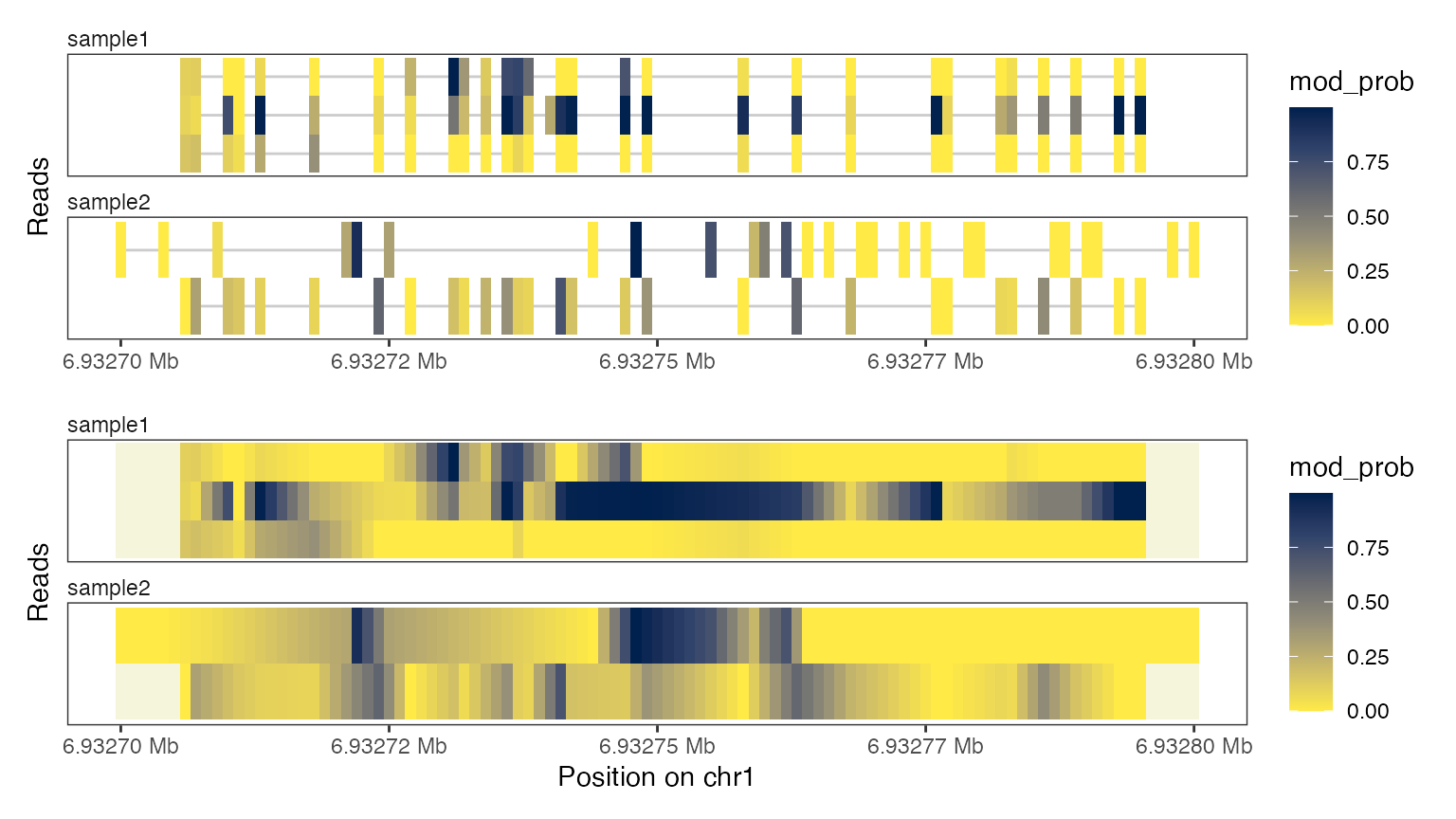 A read-level heatmap showing modification probabilities, with interpolated unobserved positions.